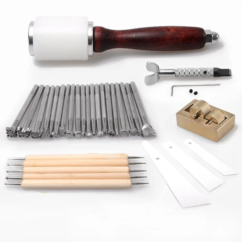 Leather Craft Carving Tools for Leather Printing Cutting Knife/Hammer/Leather Swivel Knife/Tool Storage Box Staming Set