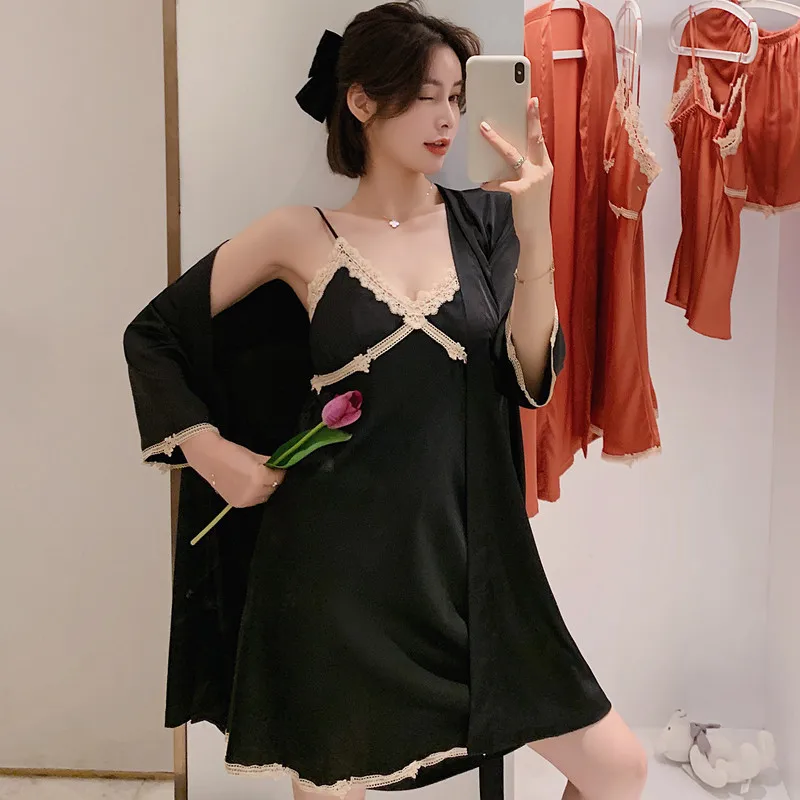 

Summer Sexy Night Dress Nightgown Two-Piece Lace Ribbon Chest Pad Chiffon Set Casual Simple Women's Leisure Tops