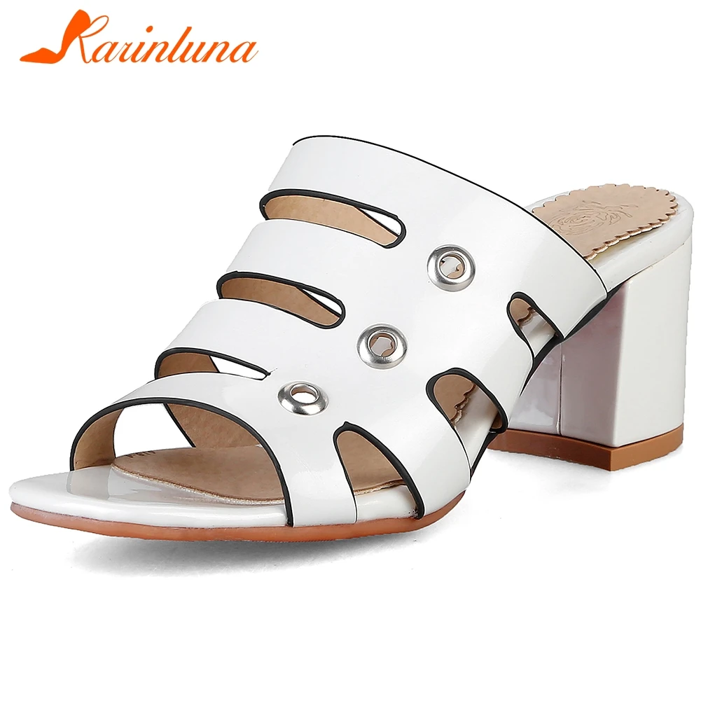 

KARINLUNA Ladies Holiday Daily Casual Slippers Elegant Peep Toe Slippers Women Summer Cool Metallic High Heels Shoes Woman