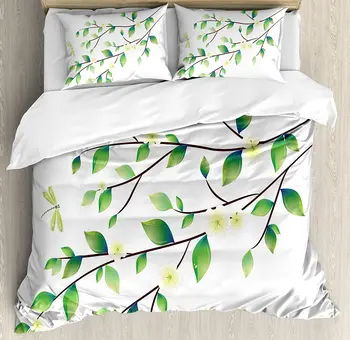 

Dragonfly Duvet Cover Set Leaves with Little Dragonflies and Jasmine Environmental Botanical Bedding Set Green White