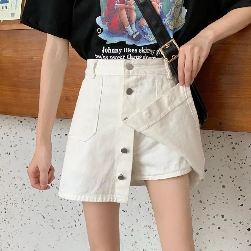 Women Casual Summer Mid Waist Shorts Denim Jean Shorts Junior Short Jeans 2 Layers Buttons Decor Pockets Korean Teens Ullzang