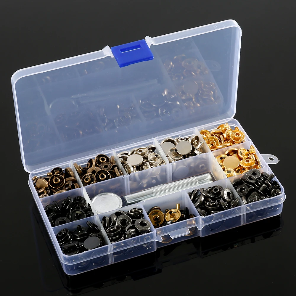 132pcs Leather Snap Fasteners Kit 6 Colors Metal Snap Buttons Press Studs 4 Pieces Fixing Tools Storage Box for DIY Supplies