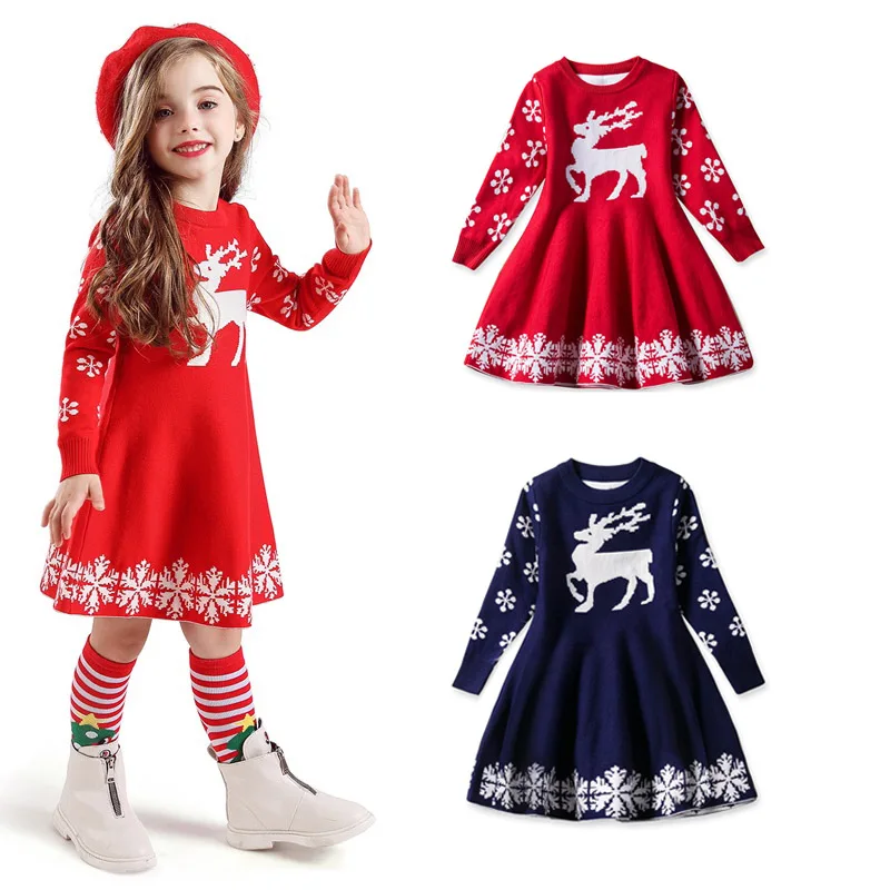 Красное рождественское платье для девочек Детские платья с длинными рукавами и принтом оленей и снежинок для девочек, новогодние вечерние платья для детей