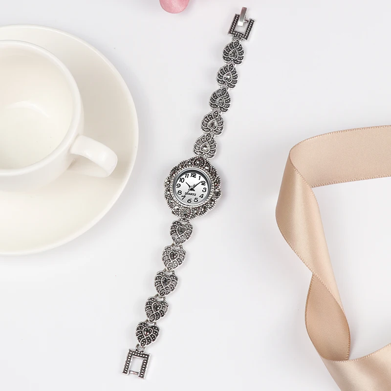 Новые модные дизайнерские античные серебряные браслеты с кристаллами, кварцевые наручные часы для женщин, винтажные ювелирные часы для девушек