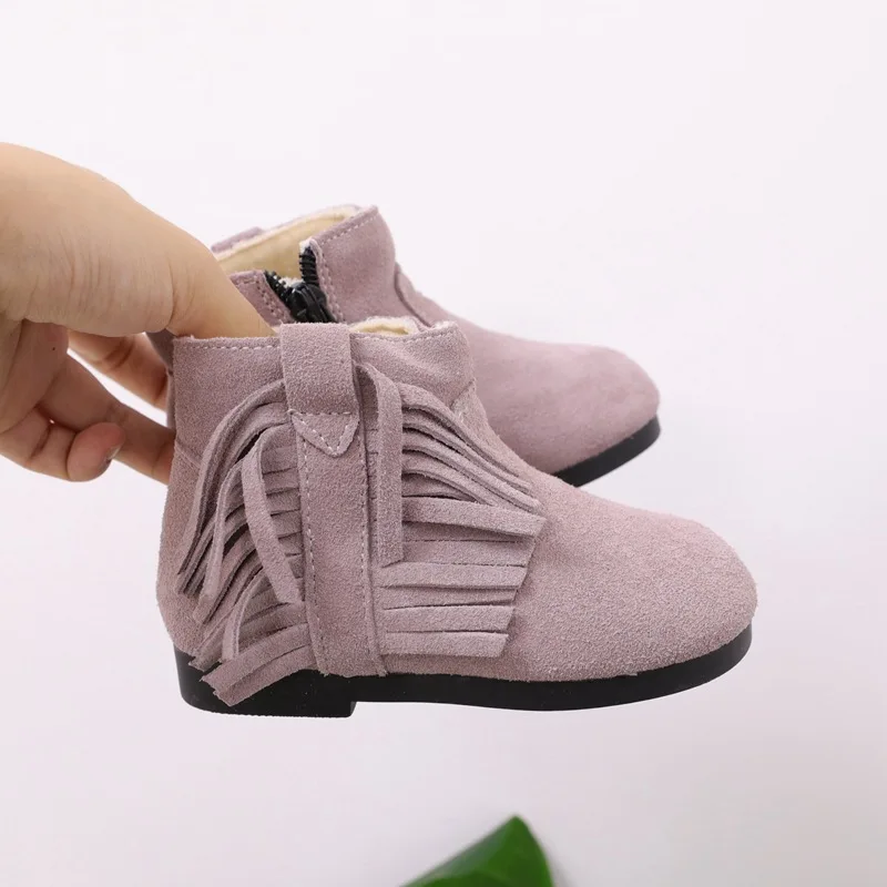 POSH DREAM Pink Winter Fashion Rubber Boots For Girls Tassels Kids Snow Boots Children Knee-high Warm Cotton Soft Back-tied