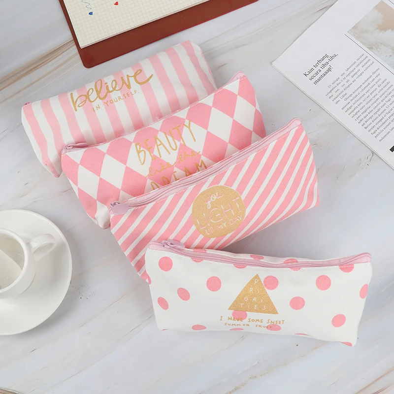 1PC concise Kawaii Pencil Case cute pink diagonal stripe pattern School Supplies Stationery Gift Pencil Box Pencil Bag