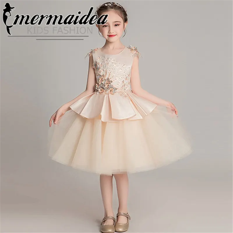 

Summer Luxury Good Quality Kids Baby Birthday Wedding Evening Party Princess Florals Mesh Dress Girls Host Pageant Dresses Gift