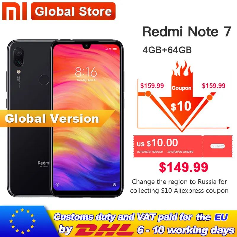  Xiaomi Redmi Note 7, 64 Гб ПЗУ, 4 Гб ОЗУ, мобильный телефон, Восьмиядерный процессор Snapdragon 660, 4000 мАч, 6,3 дюйма, 13 МП + 48 МП, двойная камера 