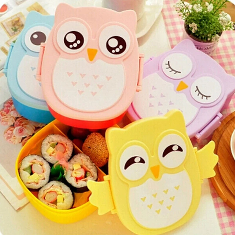 

Cartoon Owl Lunch Box Kids Food Container Microwavable Plastic Storage Bento 900ml with Compartments for Student School Picnic