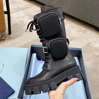 

AQ520 Designer 2020 New Pocket Knight Boots Woman Round Tou Chunky Sole Flat Platform Mid-Calf Botas Mujer Motorcycle Shoes