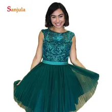 Темно-зеленое платье из тюли для выпускников Совок A-Line Длина колена платье с коротким рукавом, кружевной топ платья для выпускного вечера curto D1286