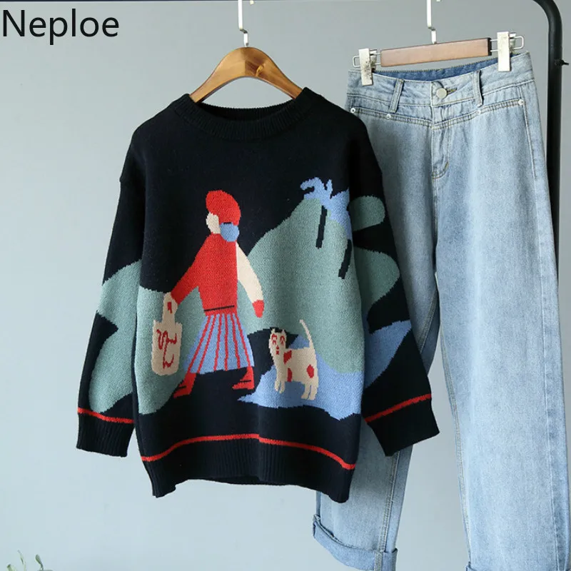 Neploe с круглым вырезом, свободный, с рисунком персонажа, вязанный, для женщин, Hiver, Осень-зима, новинка, длинный рукав, пуловер, свитер, теплый топ 47842