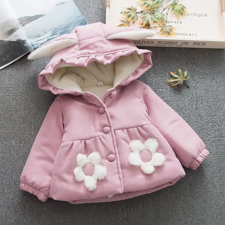 Утепленная Вельветовая куртка для девочек; детские топы с капюшоном в Корейском стиле с кроличьими ушами для маленьких девочек
