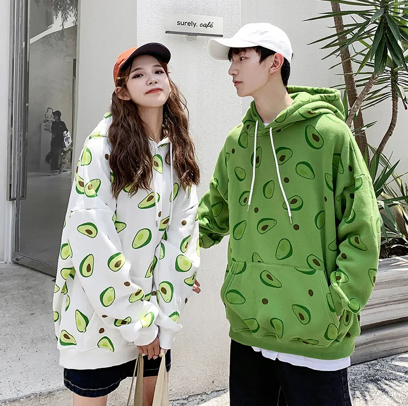 

Autumn And Winter Men And Women Couples Casual BF Style Loose-Fit Hooded Pullover Hoody Avocado Cartoon Printed Couples Hoodie