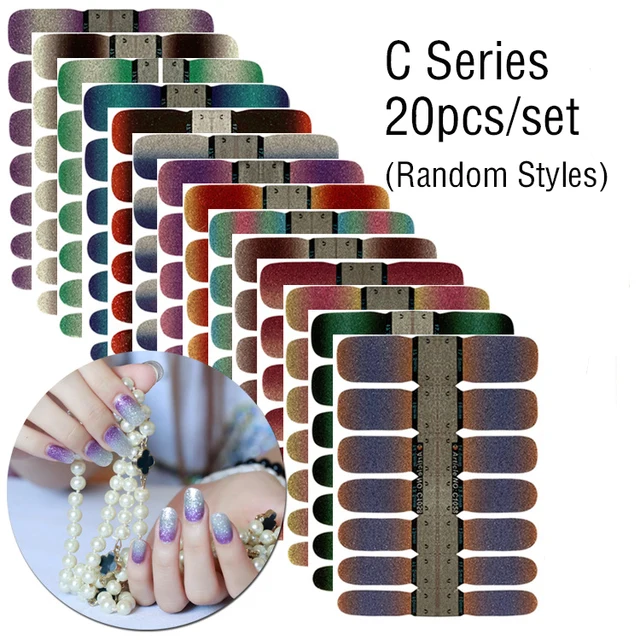 10/20pcs Full Cover Wraps Nail Polish Stickers Strips Plain Nail Art Decorations Stripe Designs Glitter Powder Manicure Tips C-20pcs random