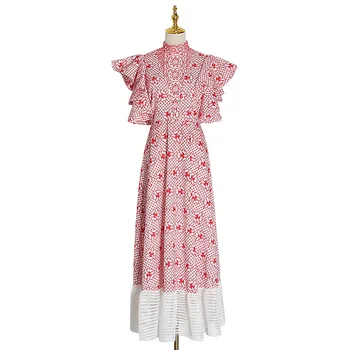 

Embroidery Patchwork Winter Dress Women Stand Collar Butterfly Sleeve High Waist Hollow Out Ladies Dresses Clothing