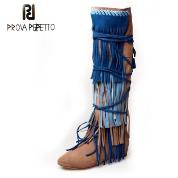 

Prova Perfetto Novetly Fashion Cross-tied Fringe Woman Knee High Boots Mixed Color Flat Bottom Suede Leather Woman Long Boots