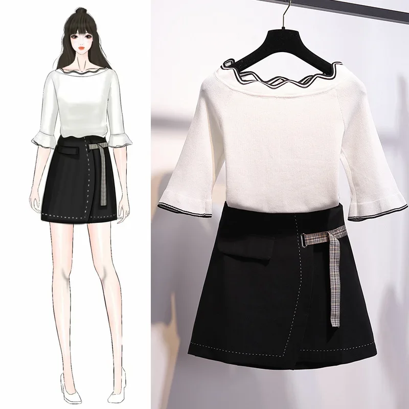 

Fashion WOMEN'S Suit 2019 Spring Clothing New Style Graceful Korean-style Bell Sleeve Wave Pattern Two-piece Dress of Knitted Sw