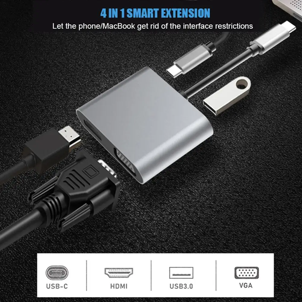 Маленький серебряный USB-C Преобразование HDMI адаптер 4-в-1 Тип с разъемами типа C и 4k HDMI 1080P VGA Аудио Видео адаптер HD адаптер для преобразования USB3.0
