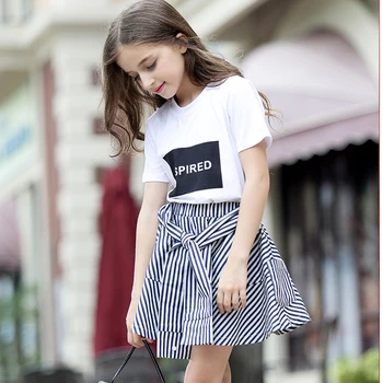 

Kids Girls Skirts Clothes Sets Summer Teenage Girls Suits 2 pieces Cotton Tops Striped Skirts Girl Outfit 8 10 12 years