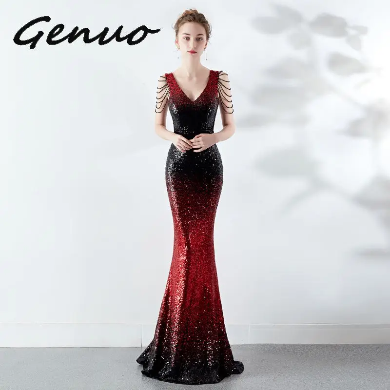 Genuo, новинка, Trajes De Gala, v-образный вырез, вечерние платья, сексуальные, с блестками, на молнии, сзади, Русалка, в пол, Vestido De fiesta largo - Цвет: Красный