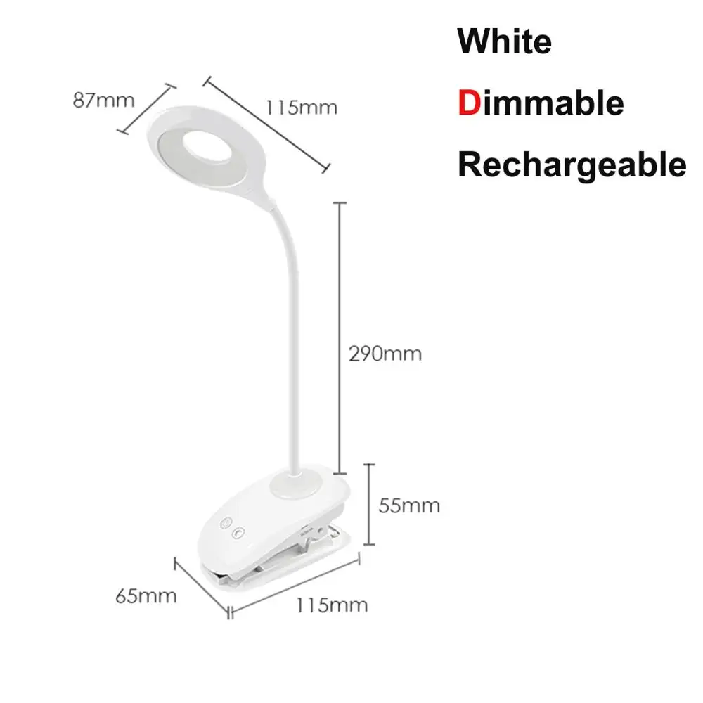 Rechargeable White Настольная лампа для ухода за глазами, сенсорный датчик/светодиодный переключатель, лампа с зажимом, белая детская лампа для чтения, лампа для кабинета, прикроватные индукционные огни - Цвет корпуса: Rechargeable White