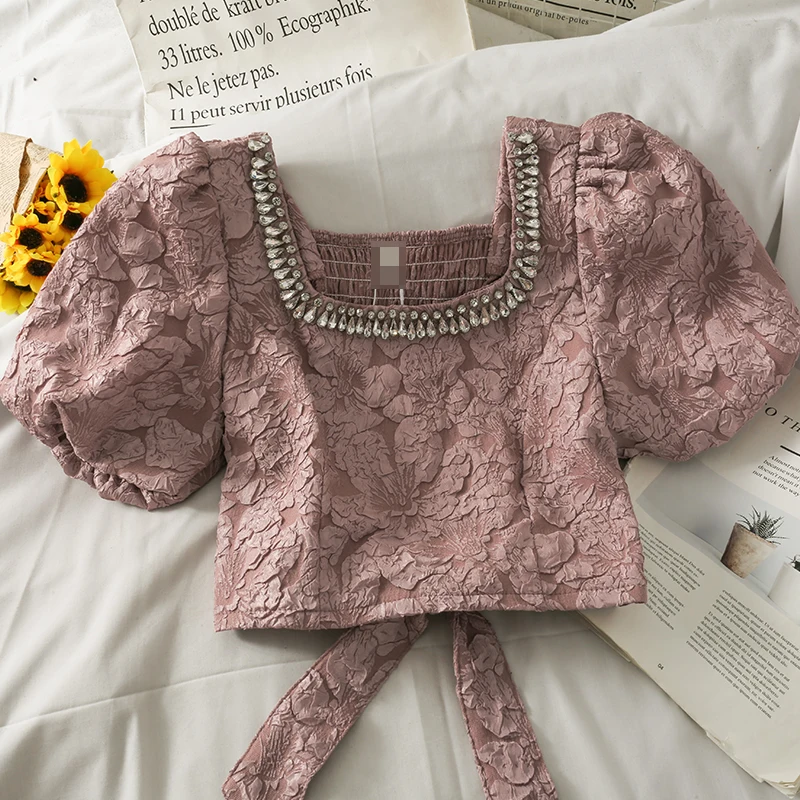 

Korean version square neck short shirt female 2023 new bow tie puff sleeve blouse summer beading blouse tops shirt
