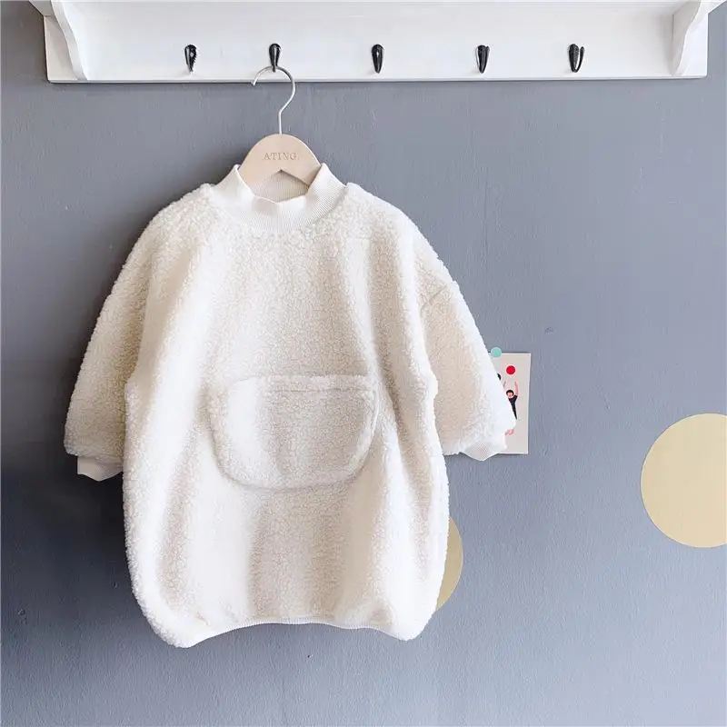 Бежевый Girl Clothes Sweater Children Clothing Autumn And Winter New Girls Lamb Cashmere Korea Plus Velvet Long Sweater Kids Tops - Цвет: Бежевый