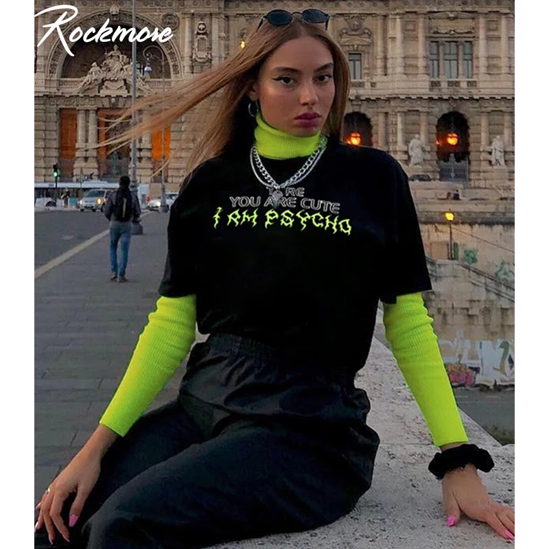 

Rockmore Letter Printed Patchwork Women T Shirts Femme Long Sleeve Turtleneck Tops Tees Korea Harajuku Basic T-Shirts Autumn