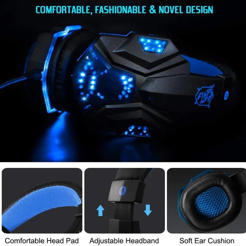Gaming Headset with Mic LED Light for Laptop Computer Cellphone PS4 so on 3 5mm Wired Noise Isolation Volume Control Blue
