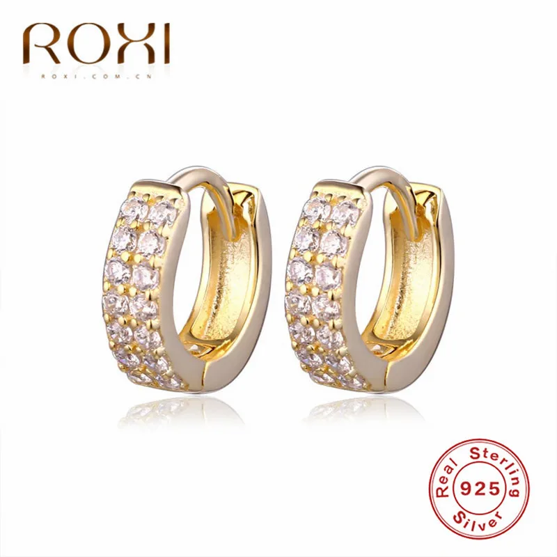 Золотой цвет ROXI 925 пробы, серебряные серьги, ослепительные, два ряда, CZ Кристалл, круглые серьги-гвоздики для женщин, Стерлинговое серебро, ювелирные изделия, корейский стиль - Окраска металла: Золотой цвет