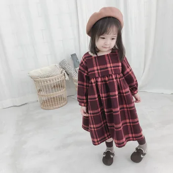 

2019 Autumn Winter Cute Puff Sleeve Plaid Long Dress For Girls Baby Kids Fashion Wool Casual Children Princess Dress