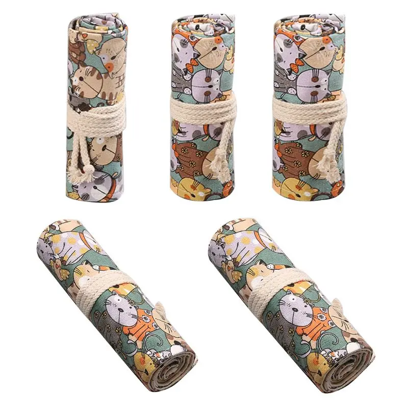Cartoon Cat 12/24/36/48/72 Holes Canvas Roll Pen Curtain Pencil Bag Case Makeup Wrap Holder Storage Pouch School Supplies | Канцтовары
