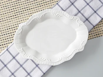 

8inch, white embossed porcelain buffet dish tray, ceramic baking plates, vintage serving dish dinner, oval fish dishes, wedding