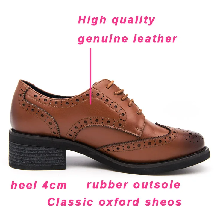 Cow Leather brown oxford shoes women lace up casual derby shoes fashion ladies brogue block heel women oxford shoes