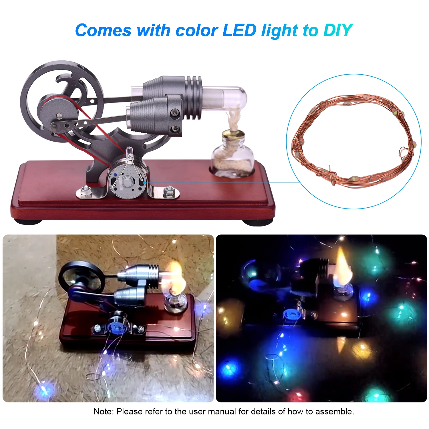 Aibecy 뜨거운 공기 스털링 엔진 모터 모델 달러 플라이휠 디자인 교육 장난감 전기 발전기 다채로운 LED 빛