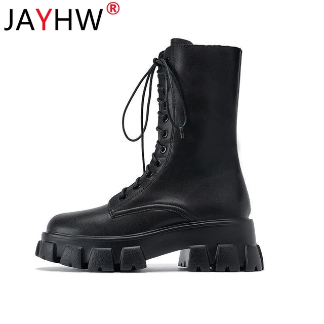 JAYHW Martin Boots Women Shoes Autumn Artificial Leather Round Toe Cross Lace-up Mid-calf Goth Boots Platform Botas Woman Mujer black
