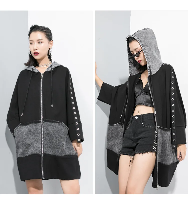 Popular Brand Autumn Clothing New Style Joint Denim Windbreaker Hooded Metallic Decoration Cool Loose-Fit Coat 190261