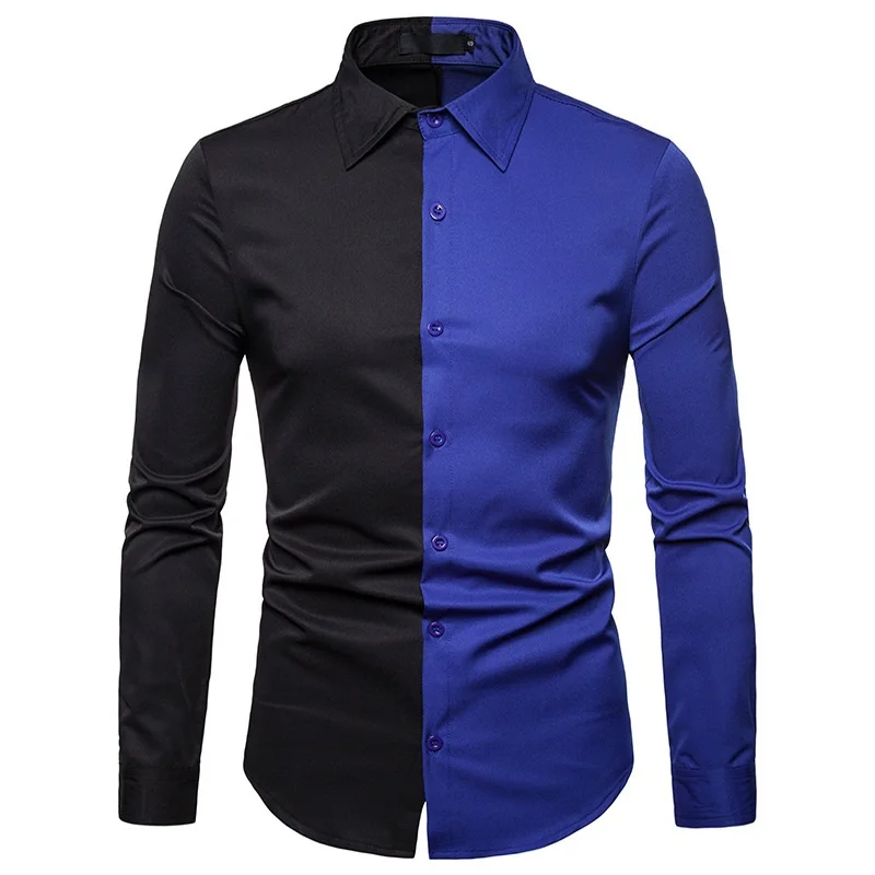 Мужская рубашка с цветными блоками в Звездном стиле, модная мужская Повседневная рубашка с длинным рукавом и отложным воротником на весну и осень - Цвет: Navy Blue