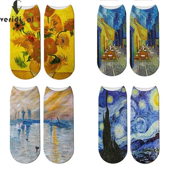 

5 Pairs/Lot 3d Printed Retro Painting Art Crew Socks Woman Funny Starry Night Vintage Socks Van Gogh Oil Painting Tube Socks