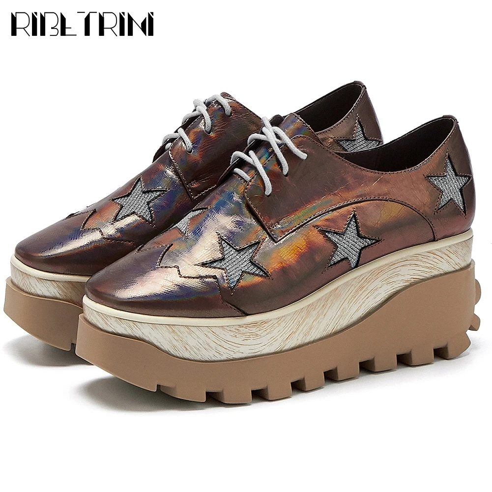 

RIBETRINI 2020 New Spring Girl Quality Genuine Leather Shoes Woman Brand High Platform Sneakers Women Flat Platform Sneakers