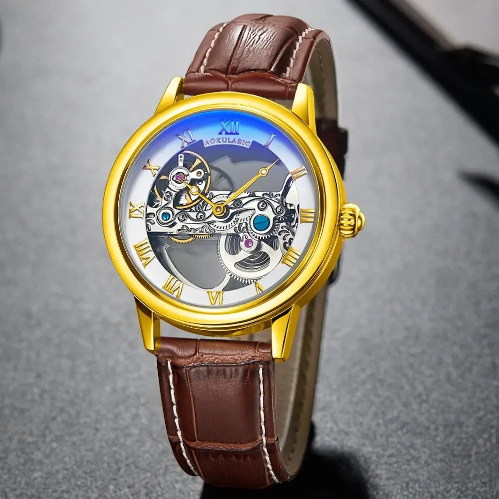 Прозрачные автоматические механические часы с скелетом, золотые мужские часы, браслет из нержавеющей стали, Роскошные мужские часы