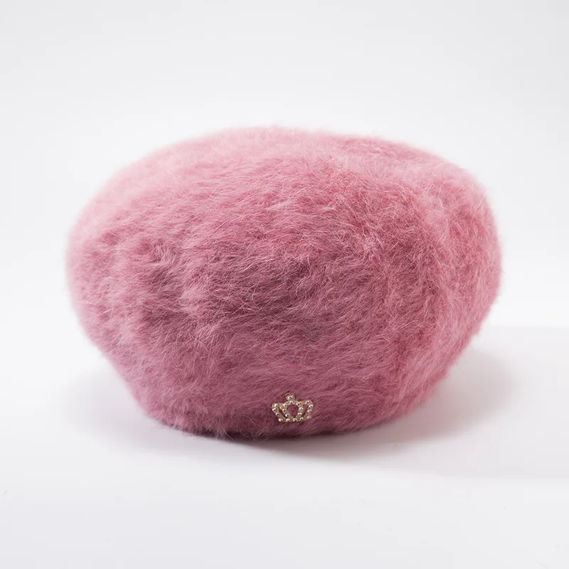 Light purple Women's Autumn And Winter Wool Warm Beanie Paint Cute Knitted Plus Velvet Cap Crown Acrylic Diamond Elegant Rabbit Fur Hat - Цвет: Light purple