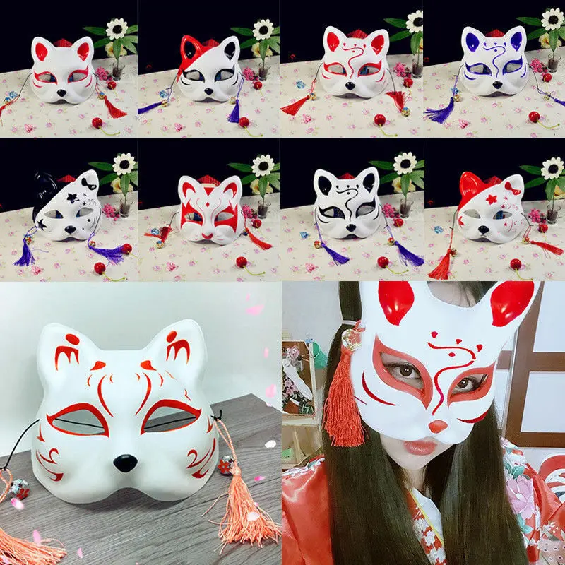 ПВХ лиса маска «кошка» косплей маскарад фестиваль мяч Кабуки Kitsune японский костюм для косплея лиса маски на все лицо окрашенный вручную