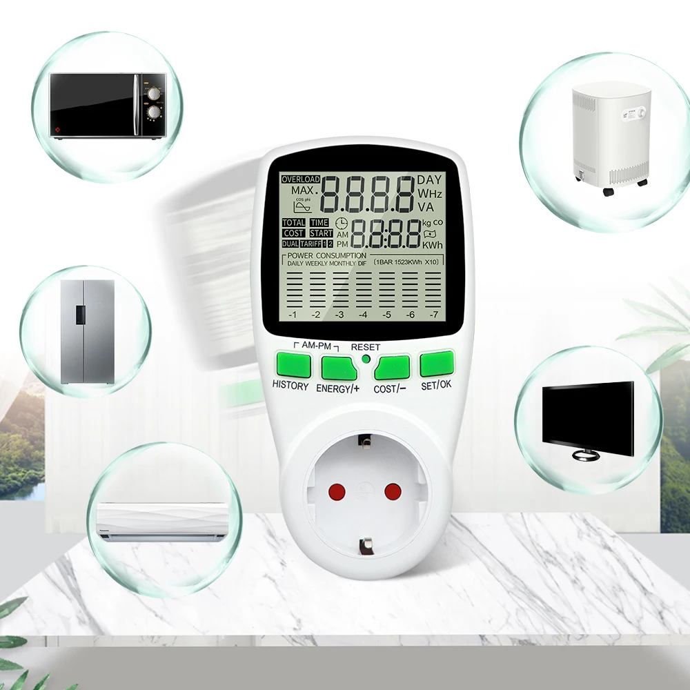 Power Meter Digital LCD Energy Watt Meter Wattmeter Wattage Electricity Kwh Power Monitor Electric Meter Measuring Outlet Power Analyzer