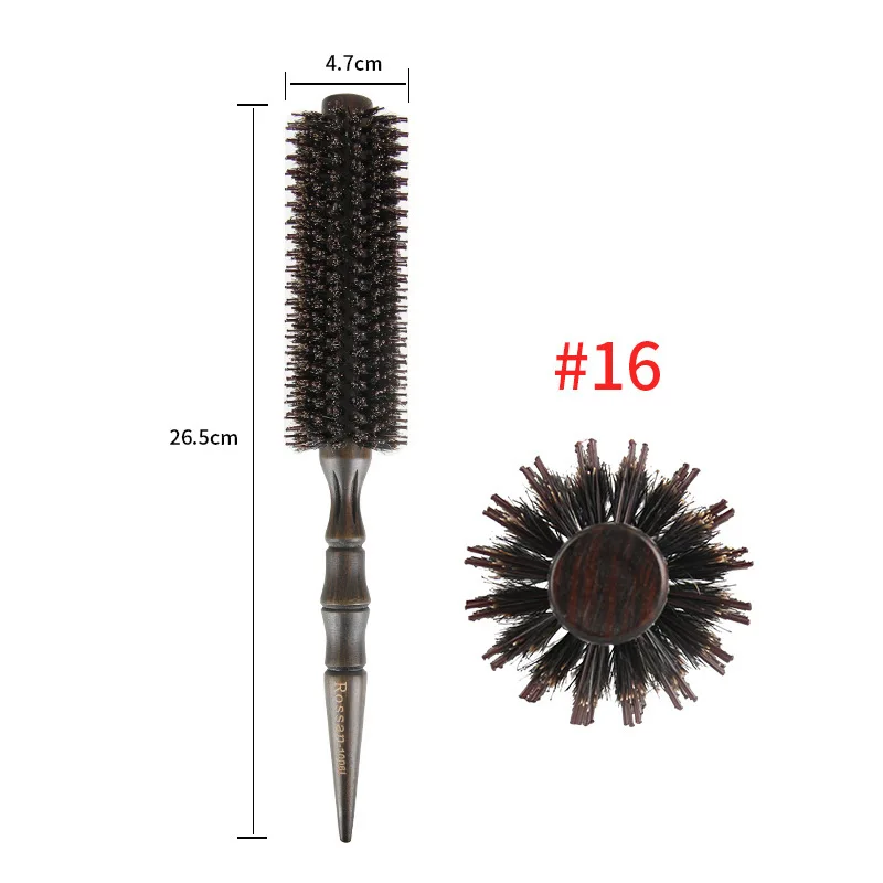 3 Sizes Barber Salon Natural Boar Bristle Comb Wood Handle Sharp Tail Hair Rolling Hairbrush Round Barrel Blowing Hair Comb 1601 4