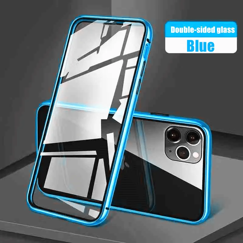 Blue Роскошный металлический магнитный чехол для телефона на 360 ° для IPhone 11 Pro X XR XS Max, полное покрытие, стеклянная крышка для IPhone 8, 7, 6, 6S Plus, чехол Fliq - Цвет: Blue