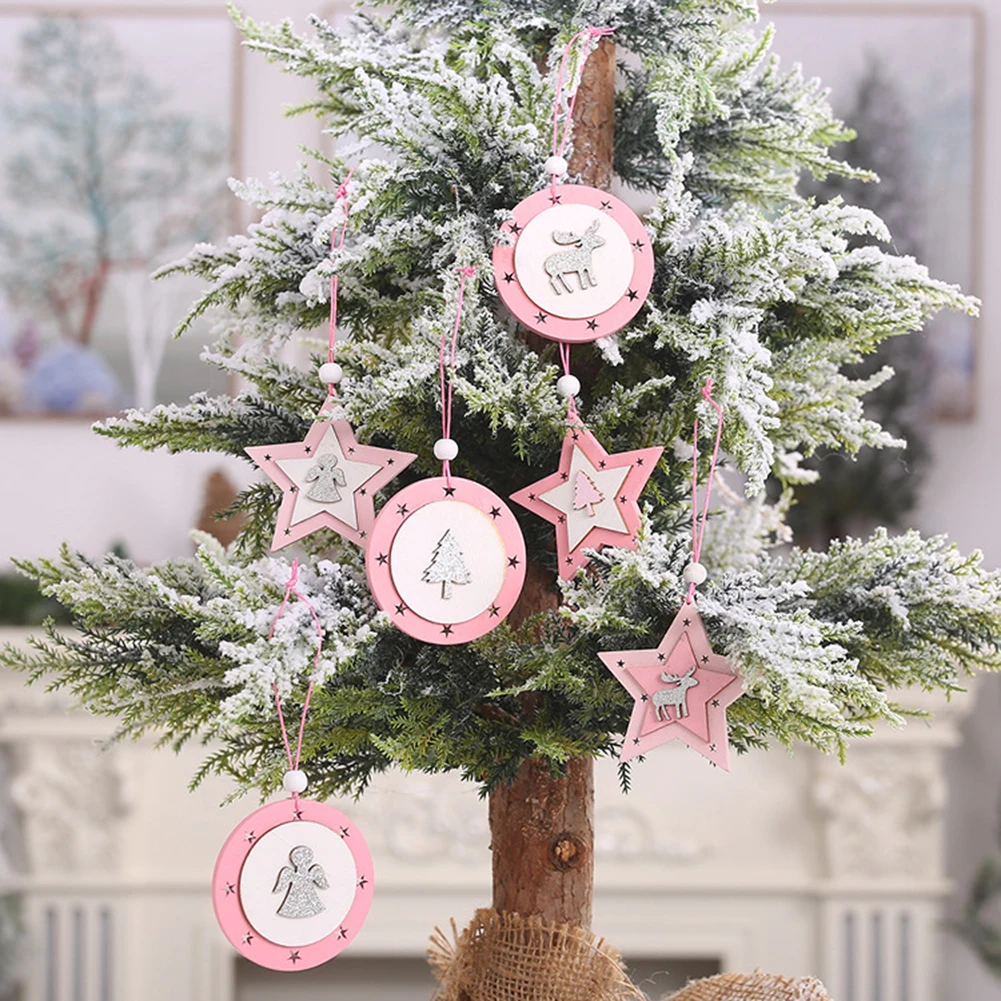 Hot 6Pcs Christmas Durable Star Elk Tree Angle Wood Carving Hanging Pendant Xmas Party Christmas trees kindergarten storesDecora
