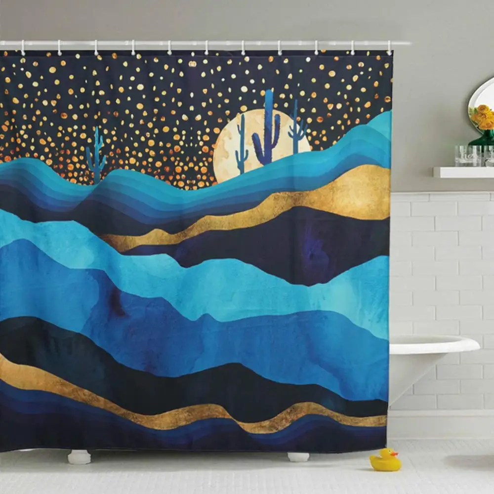 

Desert Night Art Shower Curtain, 72-Inch Summer Tropical Starry Landscape Abstract Fabric Bathroom Shower Curtain Sets, Heavy
