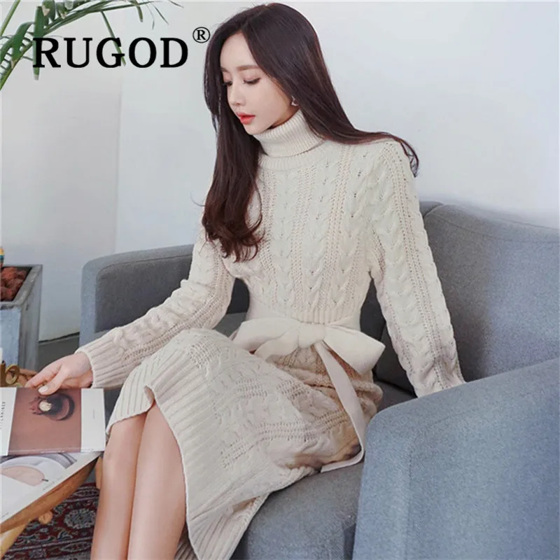 RUGOD, новое зимнее женское платье, твист, водолазка, Однотонный свитер, платье, тонкий с поясом, модное женское элегантное теплое длинное платье